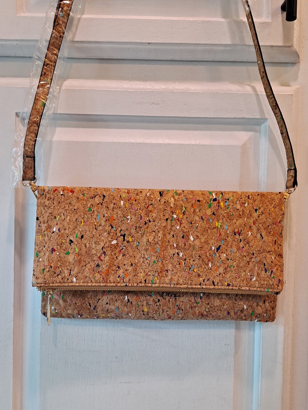 Cork Multicolor Confetti Fold-Over Crossbody Clutch Bag Eco-friendly Lightweight